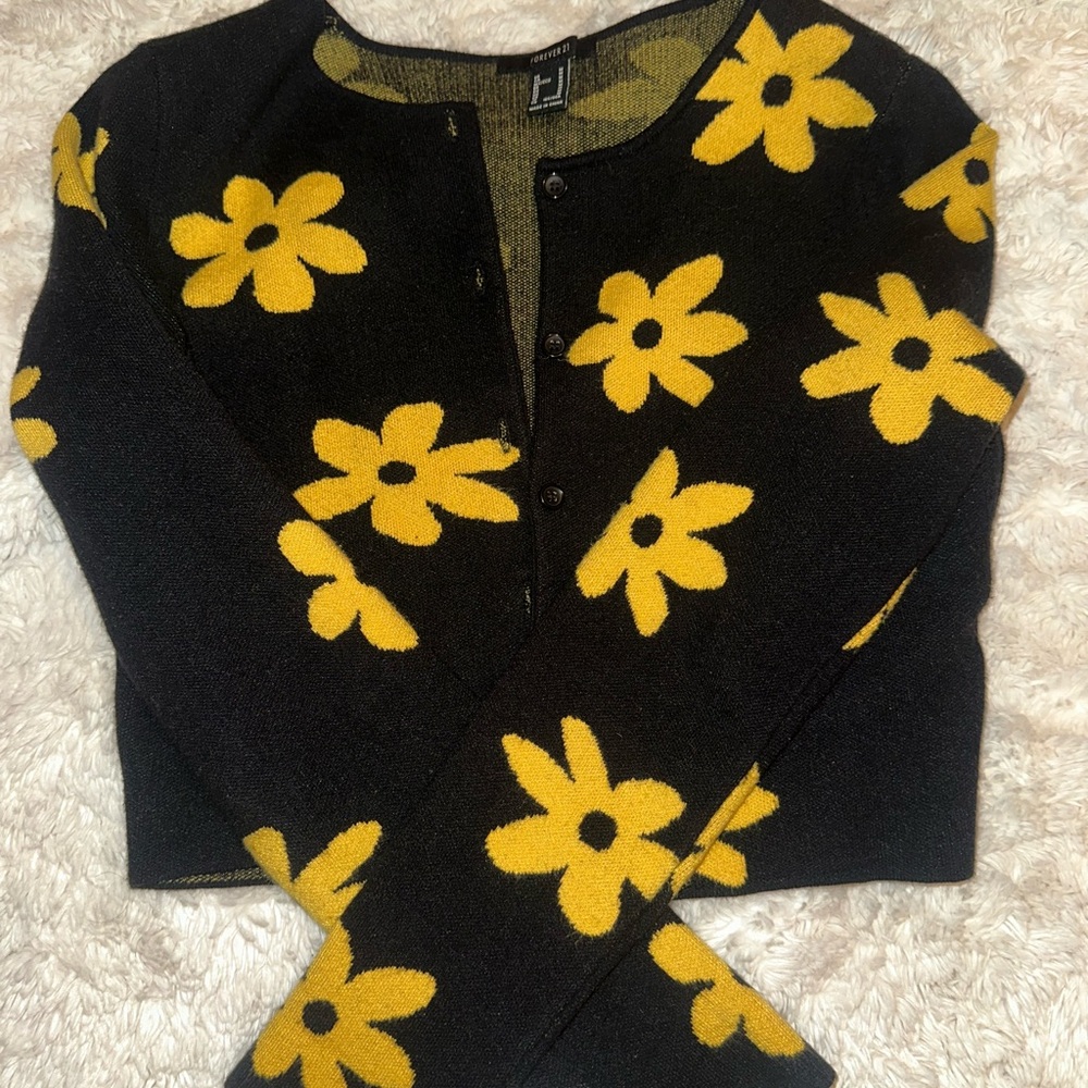 Forever 21 Black Cardigan with Yellow Floral Design